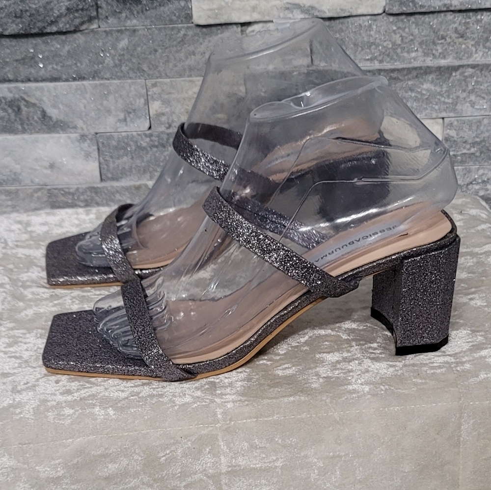 NWOT Jessica Buurman Silver Glittery Square  Front Block Heel Strapy Sandals
